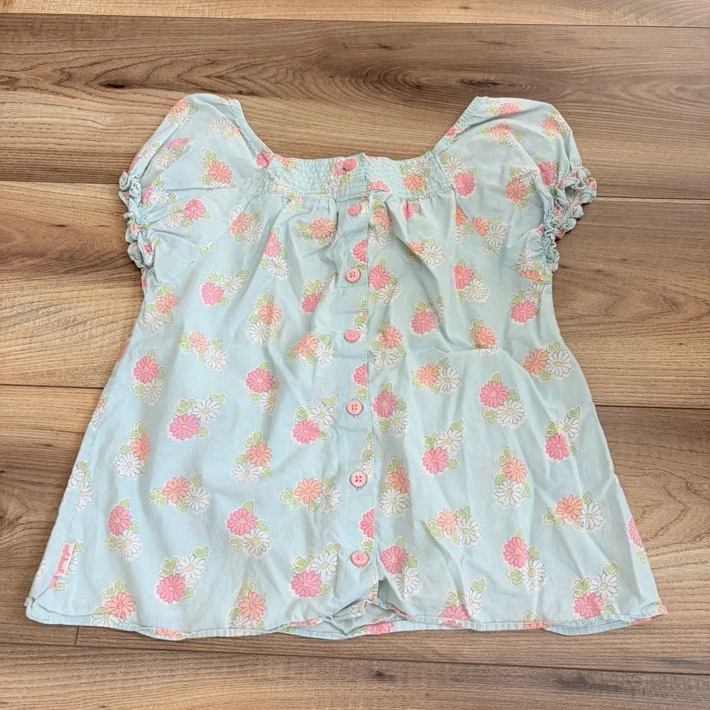 Vintage Osh Kosh Bgosh Top Girls Blue Floral Cotton Button Front Blouse Size 8